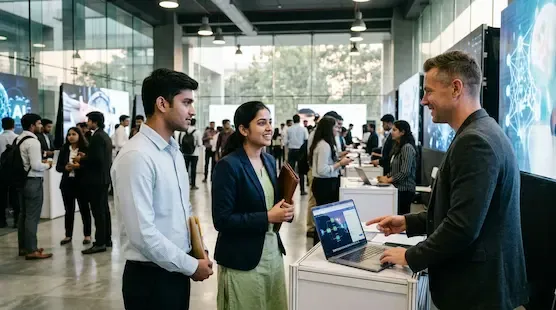 Young Indian graduates attending an AI-focused technology recruitment event in a modern corporate environment.