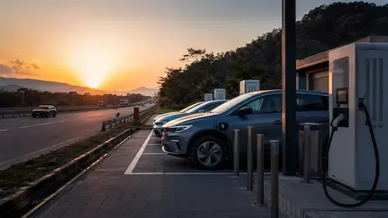 Electric vehicle charging station operating beside a modern expressway in Maharashtra during evening travel hours.