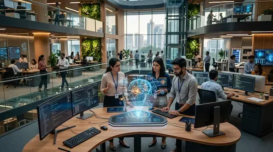 Engineers and AI researchers working inside a futuristic Indian technology and innovation workspace.