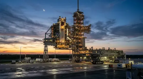 A detailed rocket stands on an illuminated launch pad at dusk against a dramatic sunset sky with a crescent moon representative image