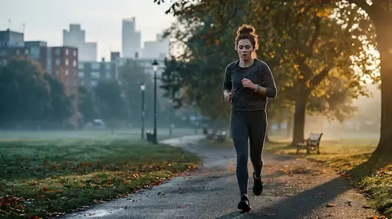 Young professional jogging in an urban park at sunrise while trying to improve fitness and health in modern city life.